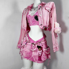 Long sleeve turnover collar button denim top