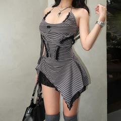 Striped print halter ruffle u neck mini dress