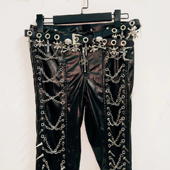 PU leather metal chain rivet pant