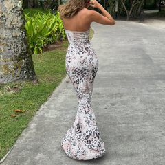 Leopard print backless tube maxi dress