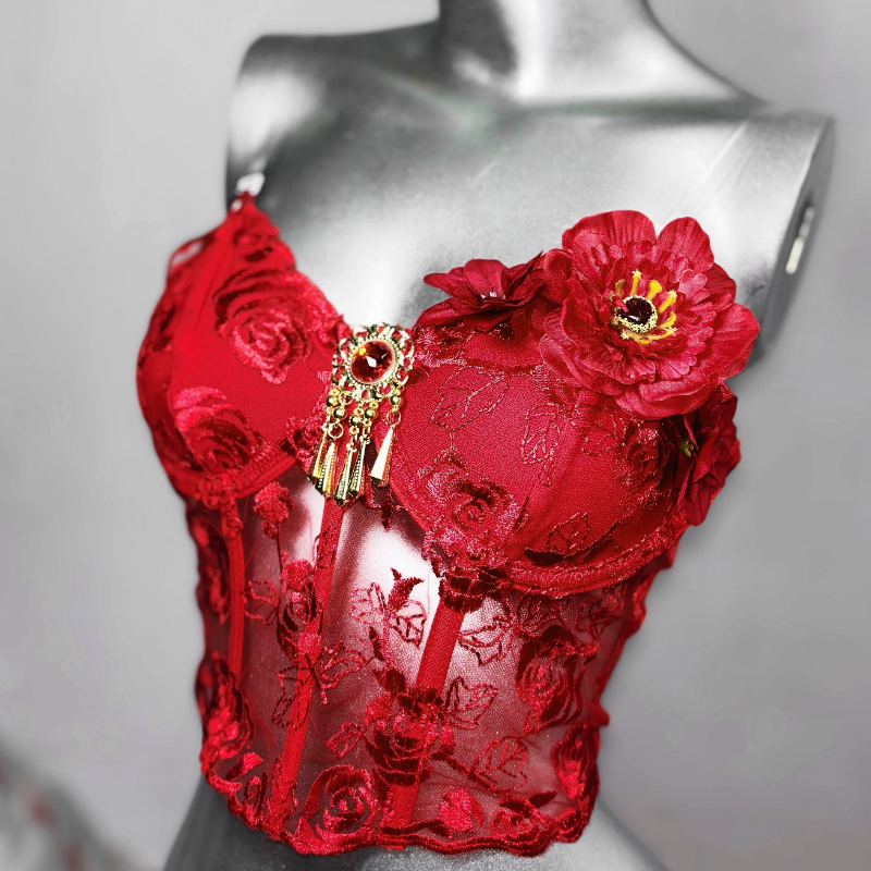 Corset flower applique backless tube top