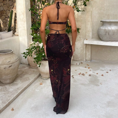 Halter self tie hollow out o ring slit print cut out maxi dress