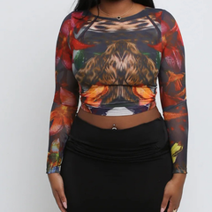 Long sleeve crewneck print mesh top