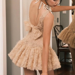 Lace backless bowknot ruffle mini dress