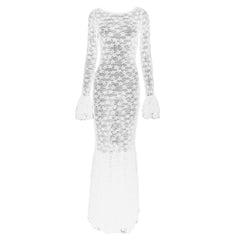Long flared sleeve lace see through ruched maxi dress