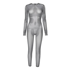 Long sleeve crewneck body print zip-up sheer mesh jumpsuit-final-sale