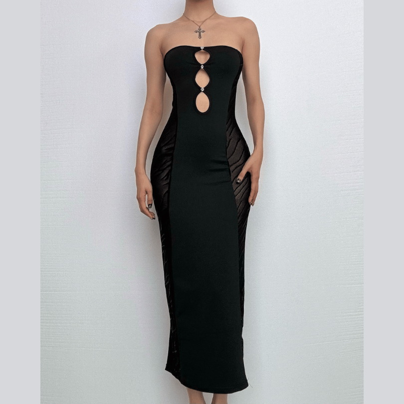 Hollow out beaded mesh backless tube cut out midi dress