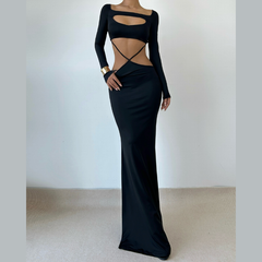 Long sleeve hollow out solid cut out maxi dress