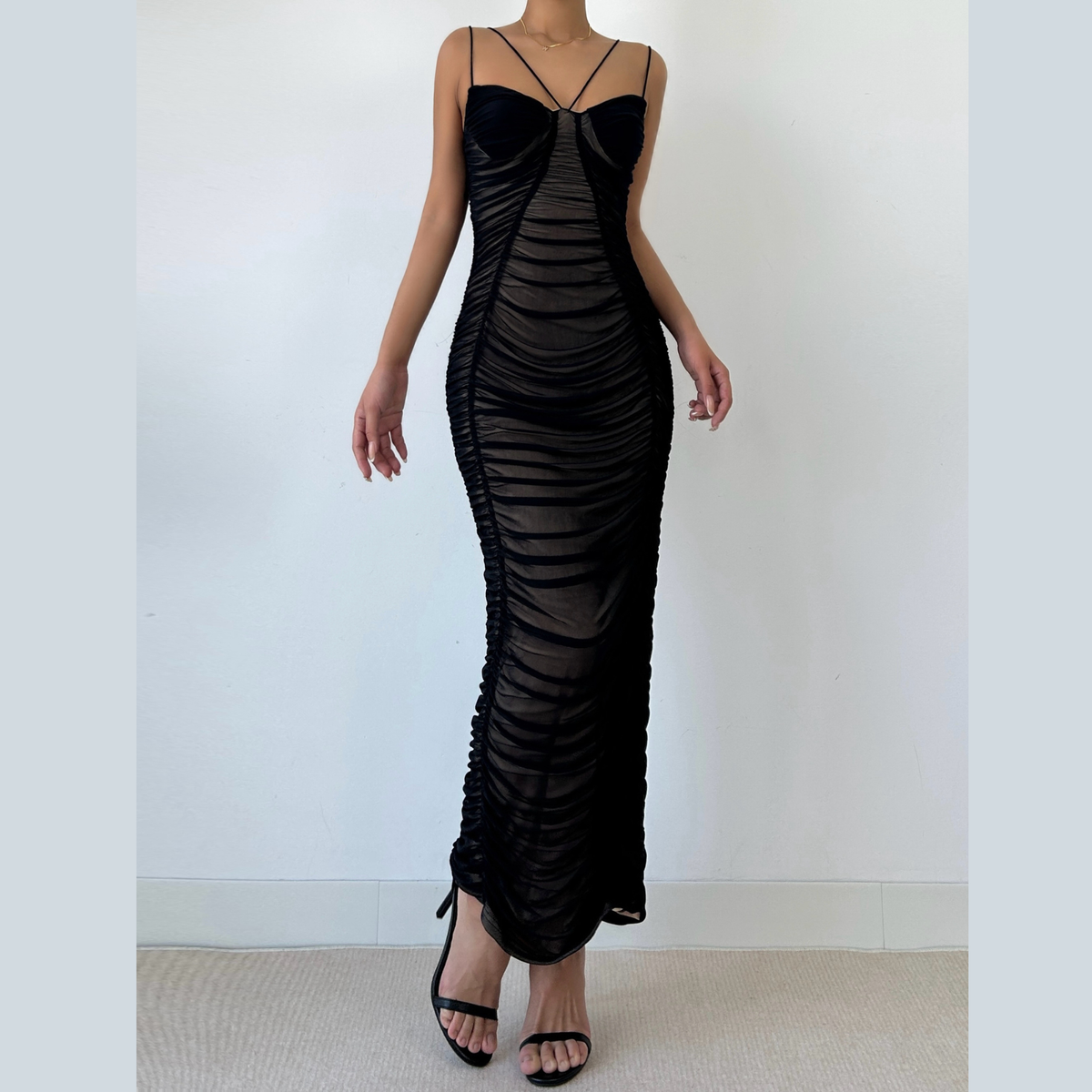 Ruched mesh cami maxi dress