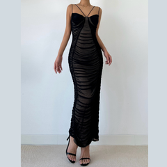 Ruched mesh cami maxi dress