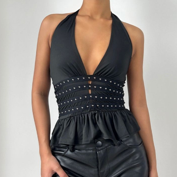 Halter deep rivet v neck ruched ruffle top