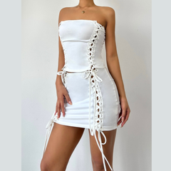 Self tie hollow out backless tube mini skirt set