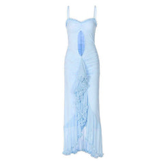 Ruffle high slit ruched hollow out cami cut out maxi dress