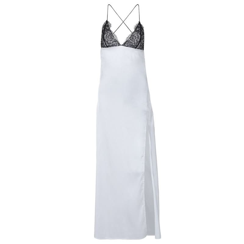 Cross back self tie spaghetti strap v neck slit maxi dress