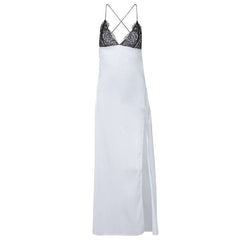 Cross back self tie spaghetti strap v neck slit maxi dress