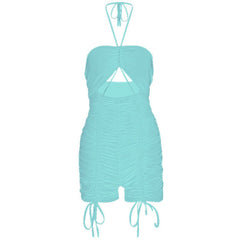 Halter drawstring hollow out ruched romper