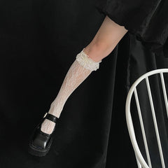 Sheer lace bowknot applique knee high socks