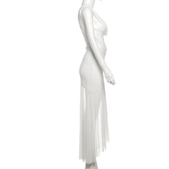 Cowl neck ruched mesh slit cami maxi dress
