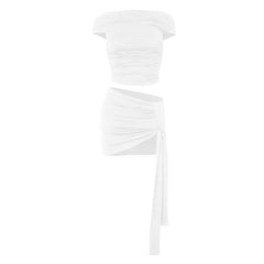 Short sleeve ruched ruffle mini skirt set