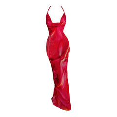 Cowl neck halter contrast backless maxi dress