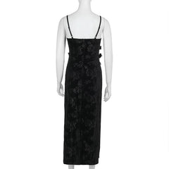U neck velvet flower pattern slit maxi dress