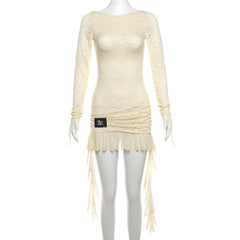 Long sleeve lace up lace ruffle mini dress