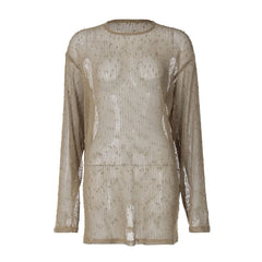 Long sleeve crewneck hollow out see through cut out top