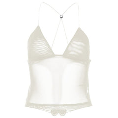 Sheer mesh butterfly applique see through backless solid top