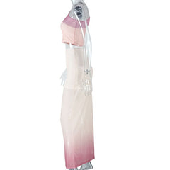 Irregular one shoulder mesh gradient maxi skirt set