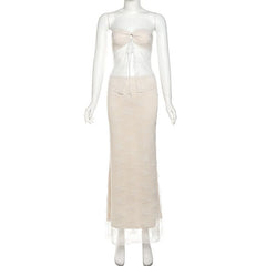 Sweetheart neck lace self tie crop maxi skirt set