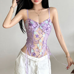 Flower embroidery bowknot mesh lace up cami bodysuit