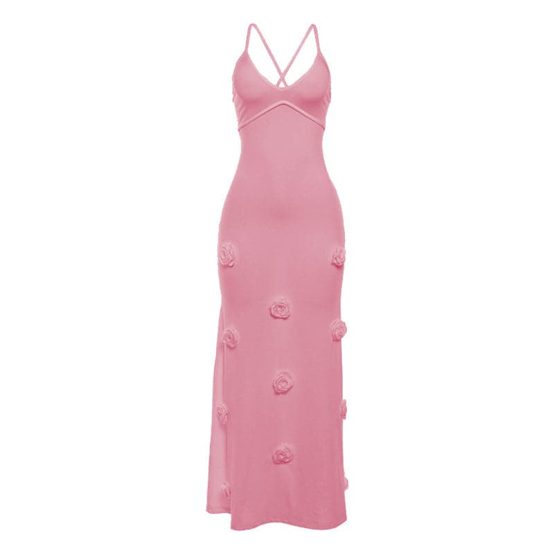 V neck flower applique cross back cami maxi dress