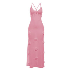 V neck flower applique cross back cami maxi dress