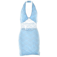 Halter lace patchwork v neck backless mini dress