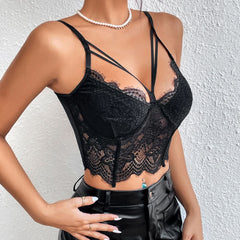 Hollow out lace hem v neck solid cami cut out top