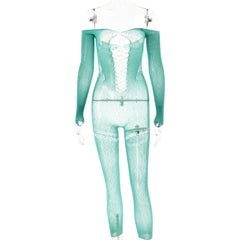 Off shoulder long sleeve beaded hollow out jumpsuit