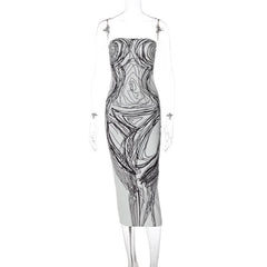 Print contrast backless tube midi dress