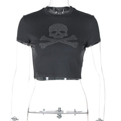 Short sleeve crewneck beaded skull pattern top