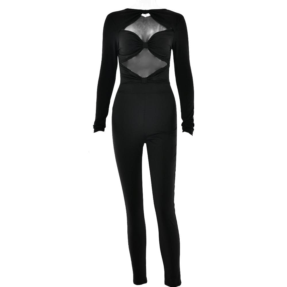 Long sleeve hollow out ruched solid jumpsuit