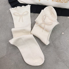 Ruffle faux pearl bowknot long socks