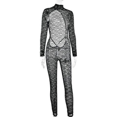 High neck long sleeve lace backless jumpsuit
