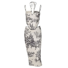 Self tie halter print ruched cami midi skirt set