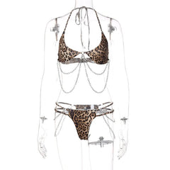 Halter self tie leopard print u neck metal chain pant set