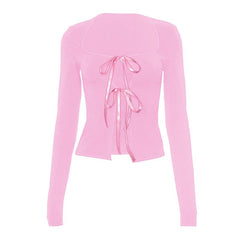 Long sleeve bowknot hollow out ribbon cut out top