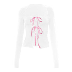 Long sleeve bowknot hollow out ribbon cut out top