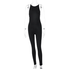 Round neck beaded backless solid jumpsuit