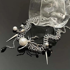 Faux pearl spider decor rivet choker necklace