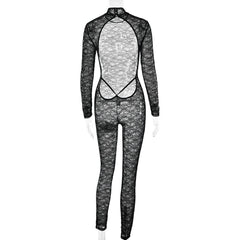 High neck long sleeve lace backless jumpsuit