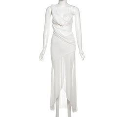 Cowl neck ruched mesh slit cami maxi dress