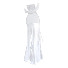 Off shoulder 2-way ribbon mesh maxi dress